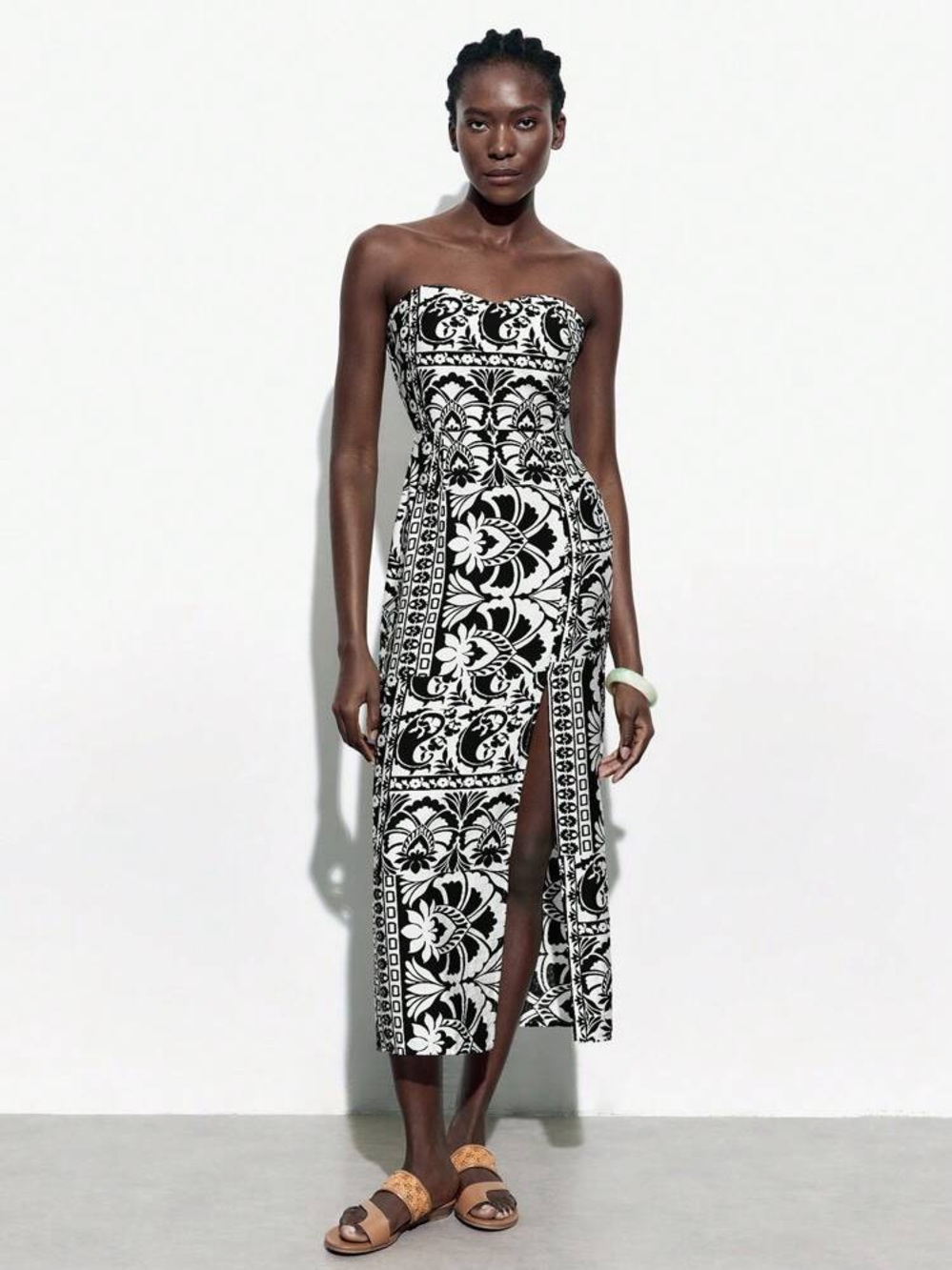 SHEIN Black & White Strapless Printed Midi Dress